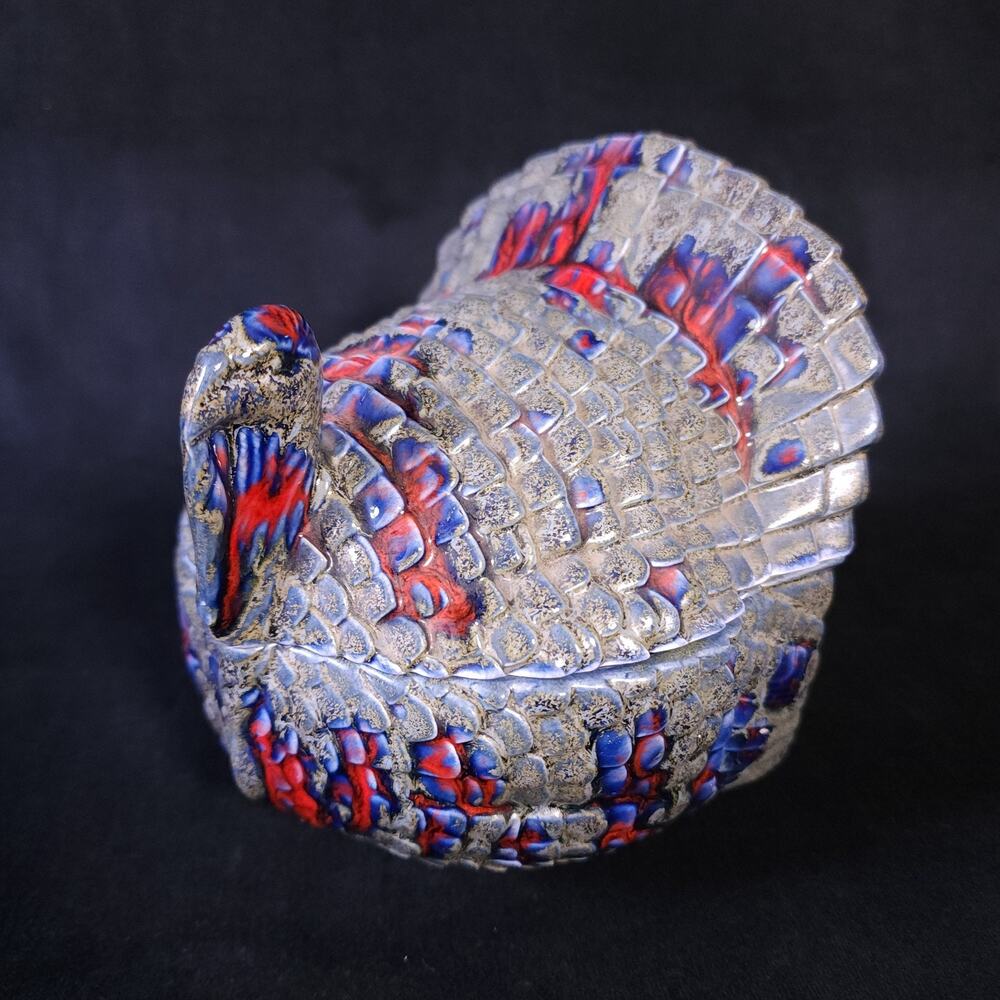 Hand Painted Thanksgiving 80s Ceramic Turkey Signed Covered Candy / Serving Dish